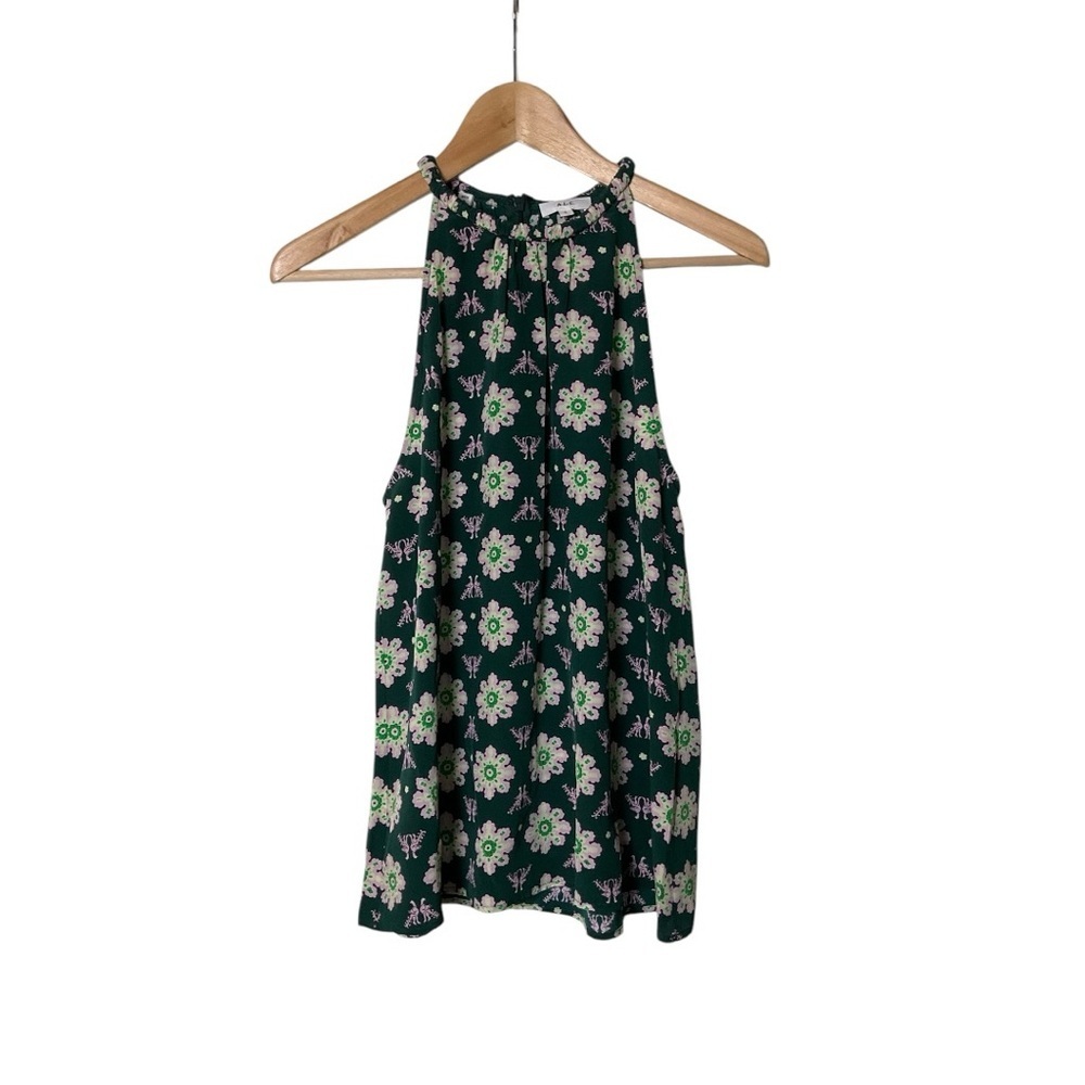 A.L.C. Tank Top Green Purple Peacock Birds Silk Halter Neck Blouse 4 1653